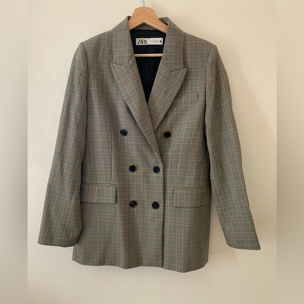 ZARA Gray Plaid Double Breasted Blazer Size M